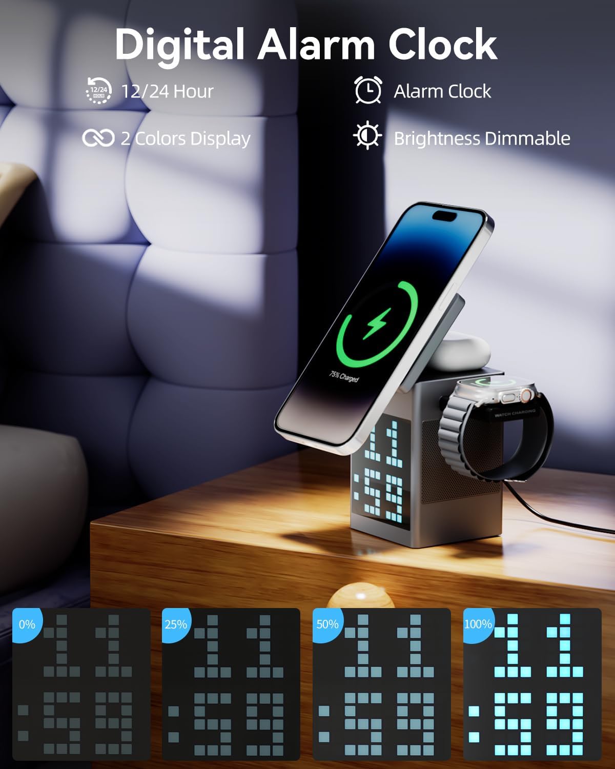 3 In 1 Wireless Charging Station With Alarm Clock